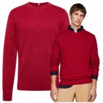 Tommy Hilfiger - sweter męski bawełniany z logo, czerwony