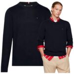 Tommy Hilfiger - sweter męski bawełniany z logo, granatowy