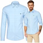 Lacoste - koszula męska bawełniana slim fit z logo, niebieska