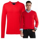 Tommy Hilfiger - sweter męski bawełniany z logo, czerwony