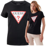 Guess - T-shirt damski bawełniany z logo, czarny