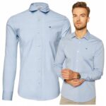 Tommy Hilfiger - koszula męska bawełniana z logo, niebieska