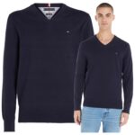 Tommy Hilfiger - sweter męski bawełniany z logo, granatowy
