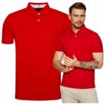 Tommy Hilfiger - koszulka polo męska bawełniana z logo, czerwona