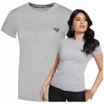 Guess - T-shirt damski bawełniany z logo, szary