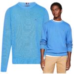 Tommy Hilfiger - sweter męski bawełniany z logo, niebieski