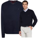 Tommy Hilfiger - sweter męski bawełniany z logo, granatowy