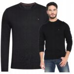 Tommy Hilfiger - sweter męski bawełniany z logo, czarny