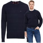 Tommy Hilfiger - sweter męski bawełniany z logo, granatowy