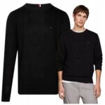 Tommy Hilfiger - sweter męski bawełniany z logo, czarny