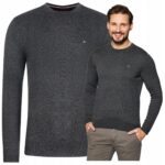 Tommy Hilfiger - sweter męski bawełniany z logo, szary