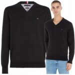 Tommy Hilfiger - sweter męski bawełniany z logo, czarny