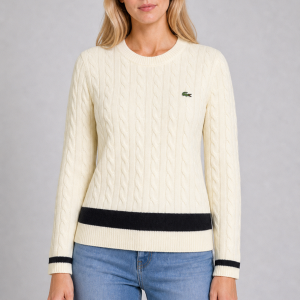 Sweter Lacoste damski Cable Knit wełniany beżowy